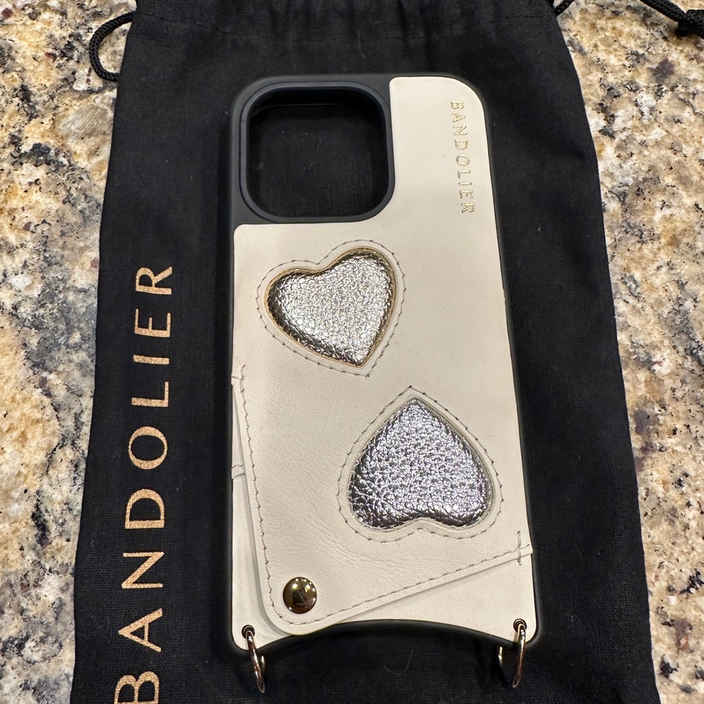 Bandolier Cream and Silver Heart Phone Case for iPhone 14 Pro, Like New